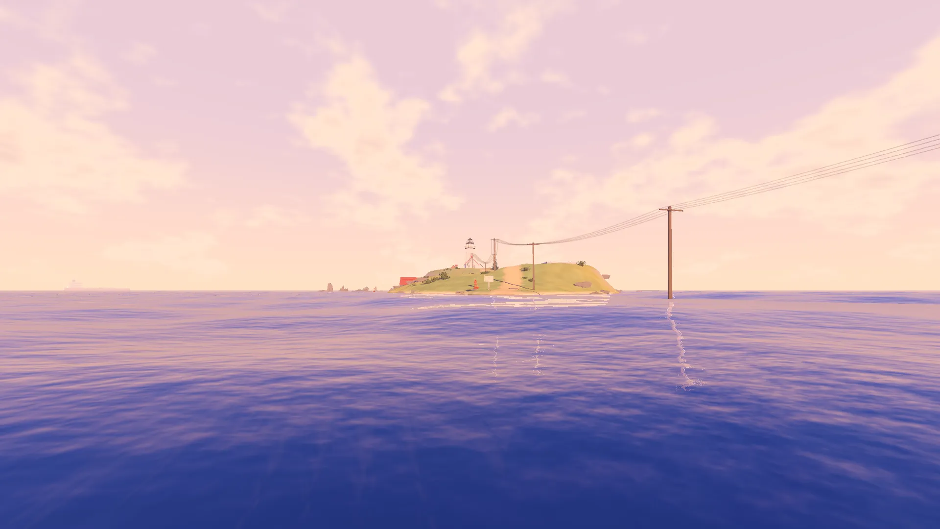 A lighthouse island at high water in the evening, seen from the flooded causeway. Telephone poles walk out into a pink and violet sea.