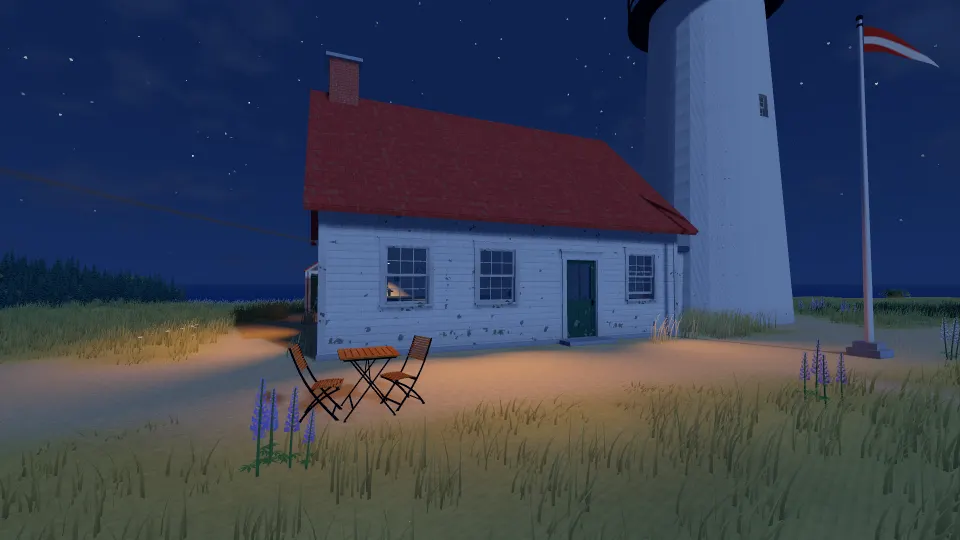 The keeper's house at night under the stars, a table and two chairs outside, lamplight from the windows on the grass.